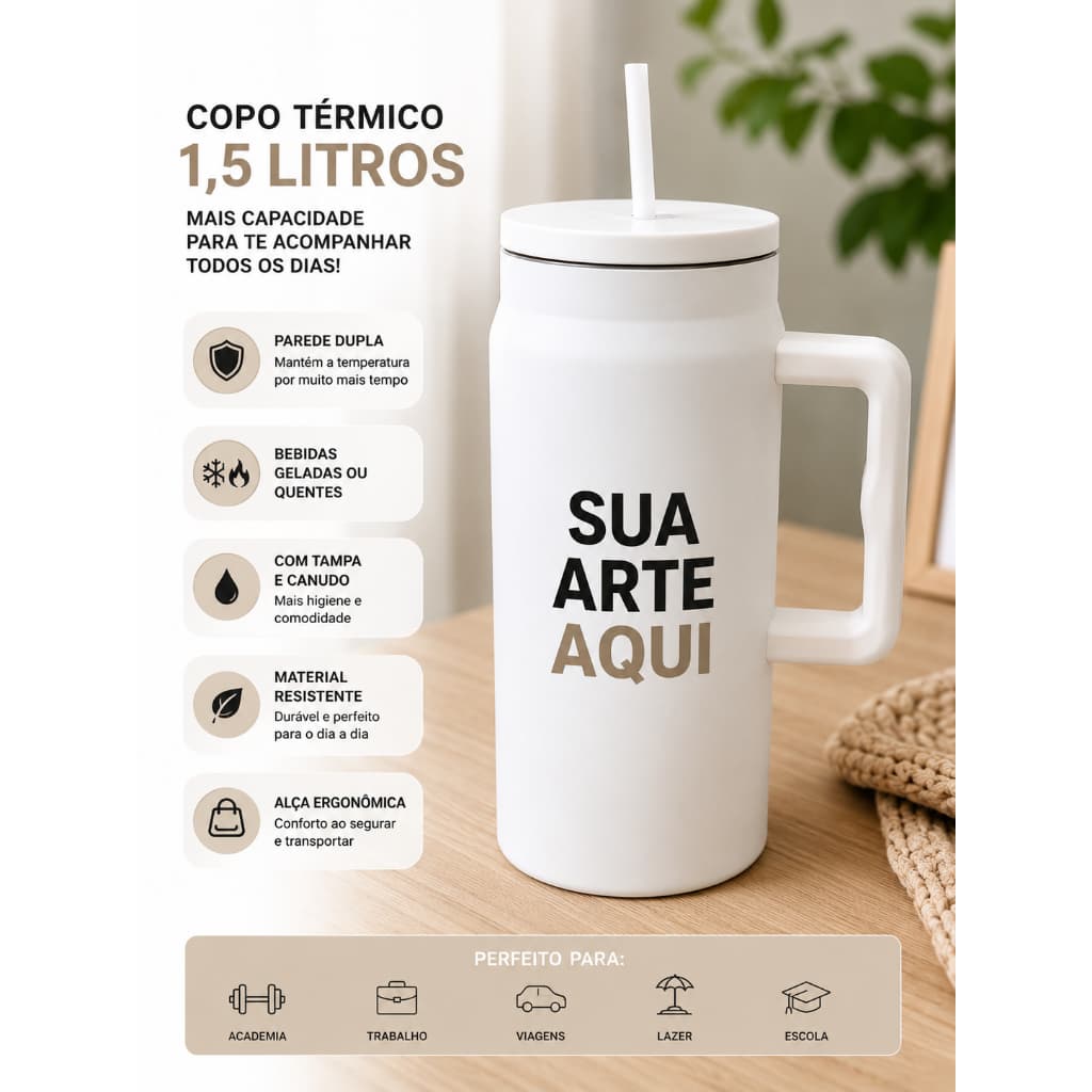 Copo Térmico 1,5L Personalizado com Tampa e Canudo | Caneca Térmica Grande para Água, Tereré e Chimarrão