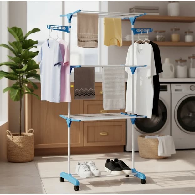 Varal de Chão Dobrável Multi Andares 3 Níveis com Bandejas e Cabideiro Roupa Secador Interno Externo