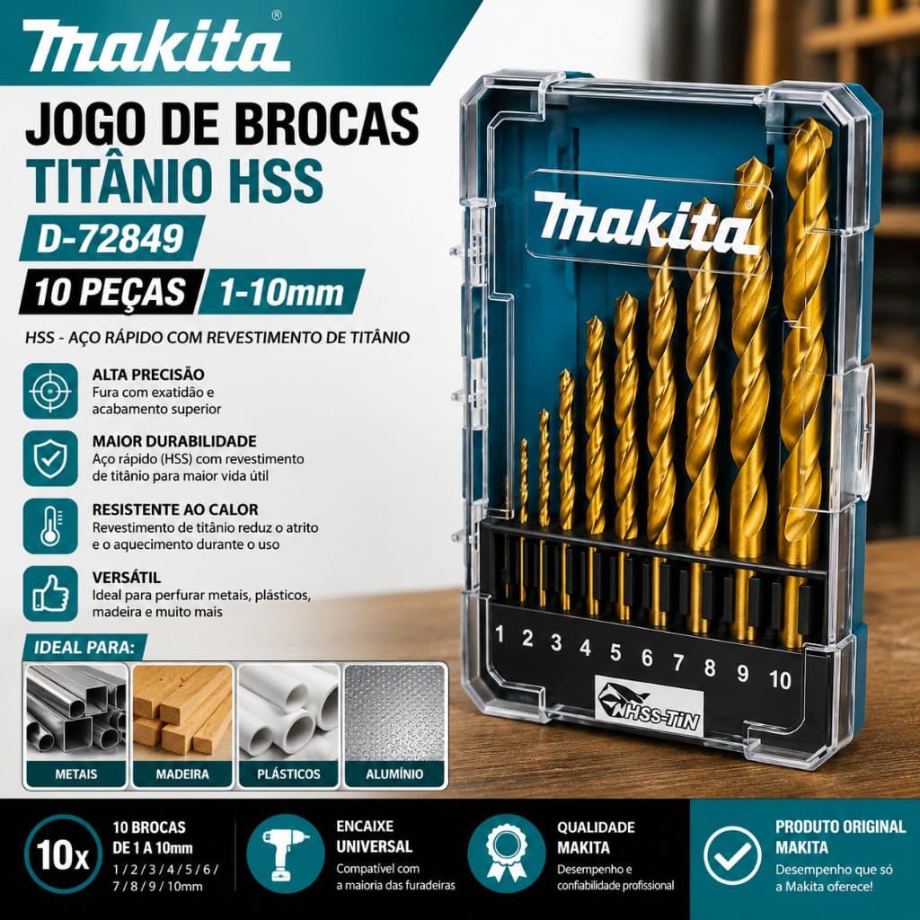 Makita D-72849 Hss Jogo Broca 10 Peças Titanio 1-10mm Hss