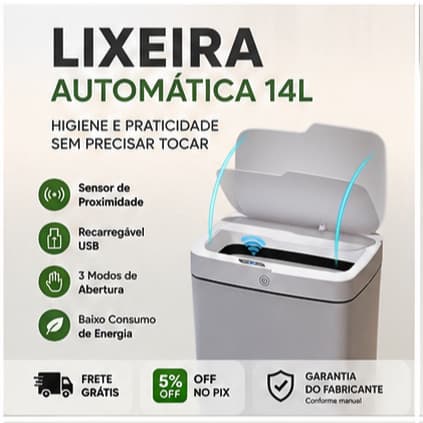 Lixeira Automática 14L com Sensor Recarregável USB Branca Globalmix Inteligente Retangular com Tampa