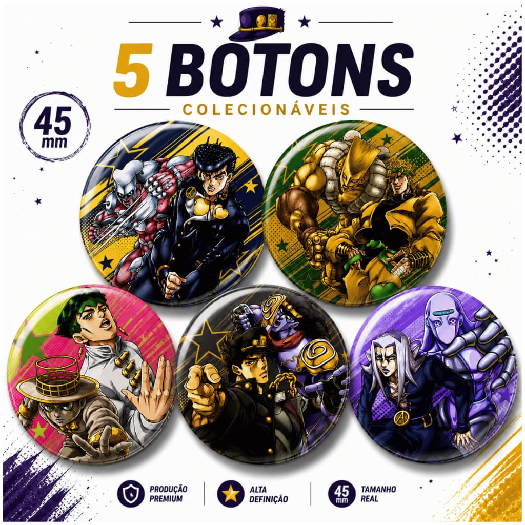 Kit Broches Bottoms Jojo Bizarre Adventure 45mm Anime Colecionável Para Mochila Roupa Desenho Nerd Geek