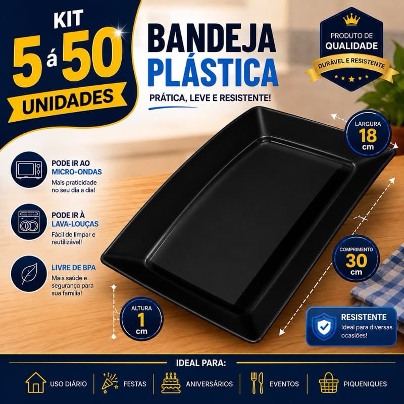 Kit 5 á 50 Bandejas Petisqueira Plástico Preto Lanches Porções Petisco Festas Lanchonete Churrasco