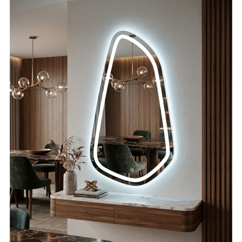 Espelho Orgânico Triangular Aurora com Led Touch Jateado-3 Tons de Luz Moderno, Elegante e Premium
