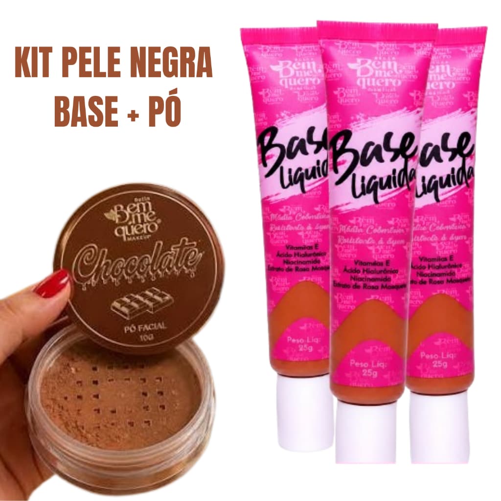 Kit Pele Negra Base Líquida + Pó Facial Solto Bem Me Quero Base Matte Cobertura Média Acabamento Natural Maquiagem