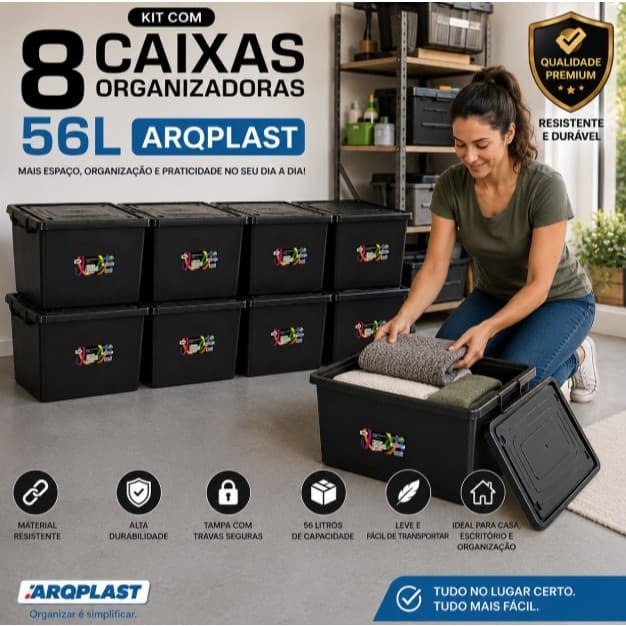 Kit 8 Caixa Organizadora 56L Alta Resistencia e Praticidade - Arqplast