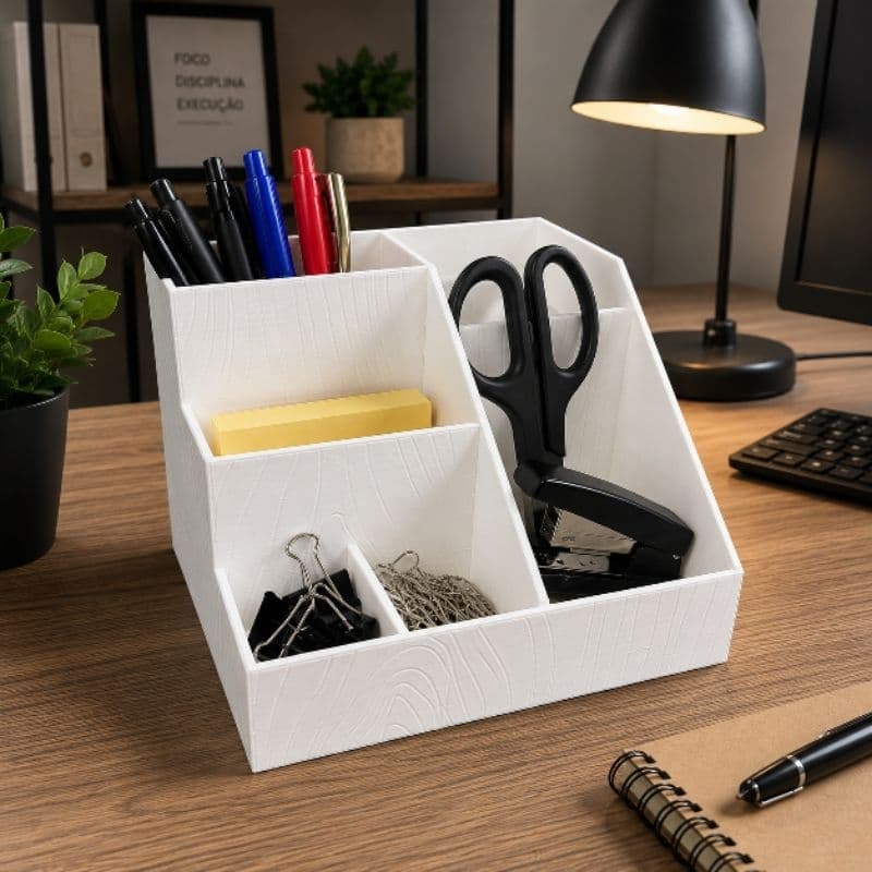 Organizador de Escritório Moderno com Textura de Madeira para Mesa