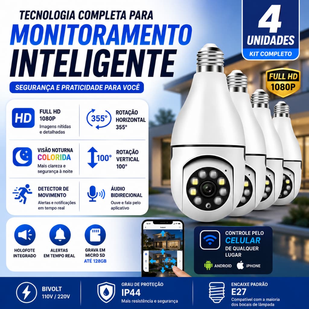 4 UNIDADES - Câmeras Lâmpadas de Segurança Vigilância IP Wi-Fi 360° Visão Noturna FullHD Bivolt