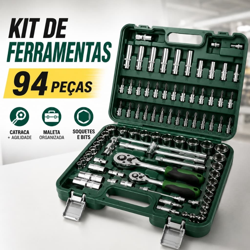 Kit de Ferramentas 94 Peças Soquetes Catraca Reversível 1/2 e 1/4 Aço CR-V Profissional Automotivo BRASWEI BW5021