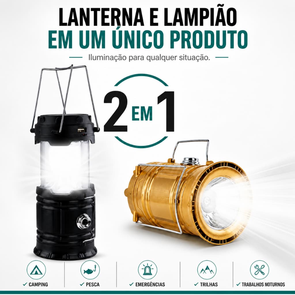 Lampião Led Solar Lanterna Luminária Camping Acampamento Pesca Alira Home
