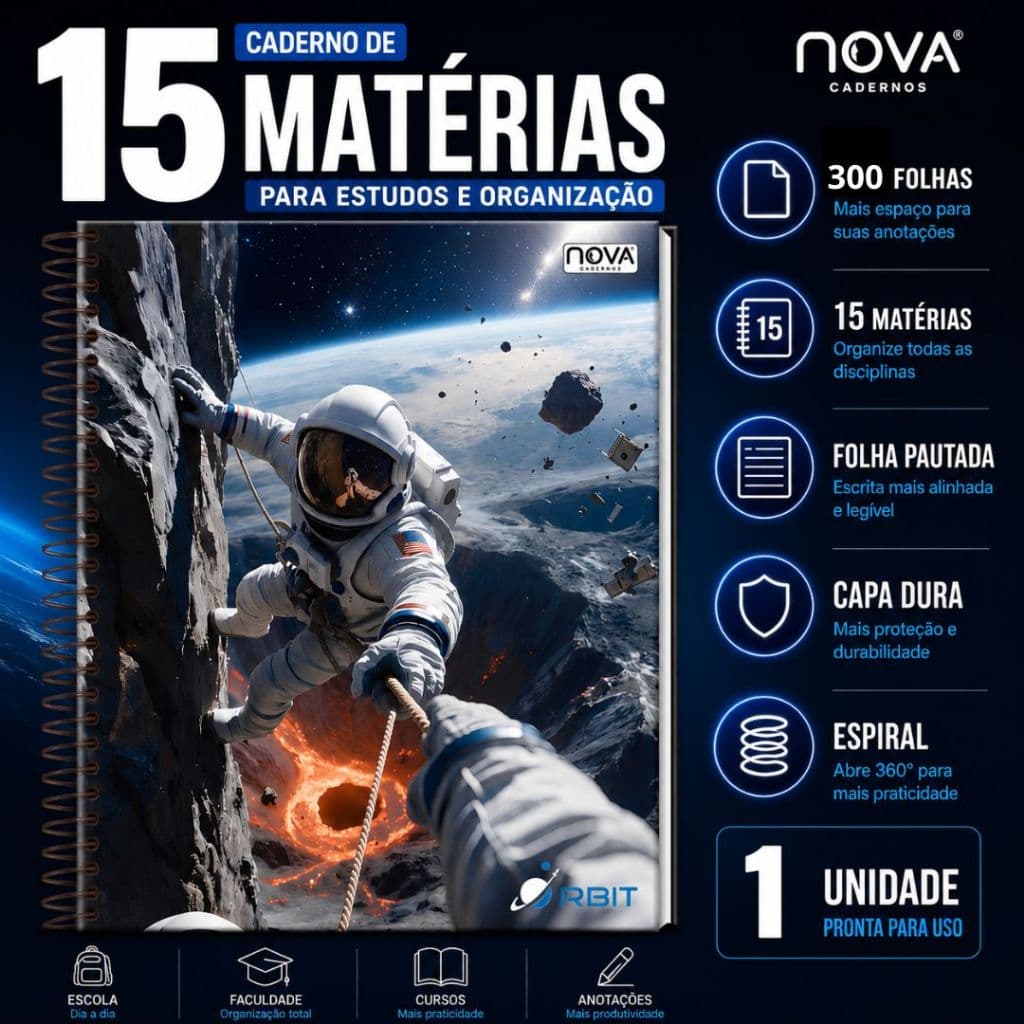 Caderno 15 Matérias Orbit Espiral Capa Dura Universitário 300 Folhas Nova Cadernos