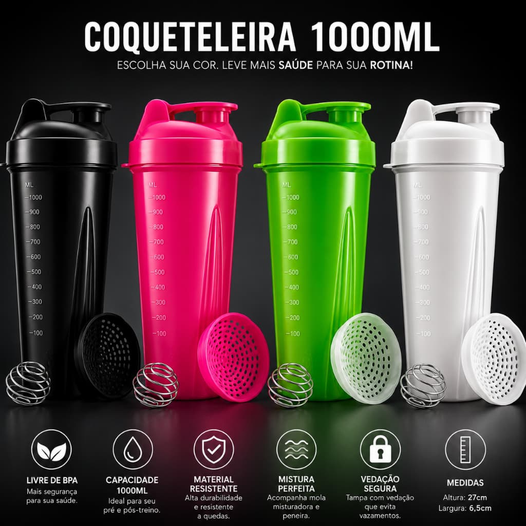Coqueteleira Shaker 1 Litro Livre de BPA mais Esfera Misturadora e Peneirinha