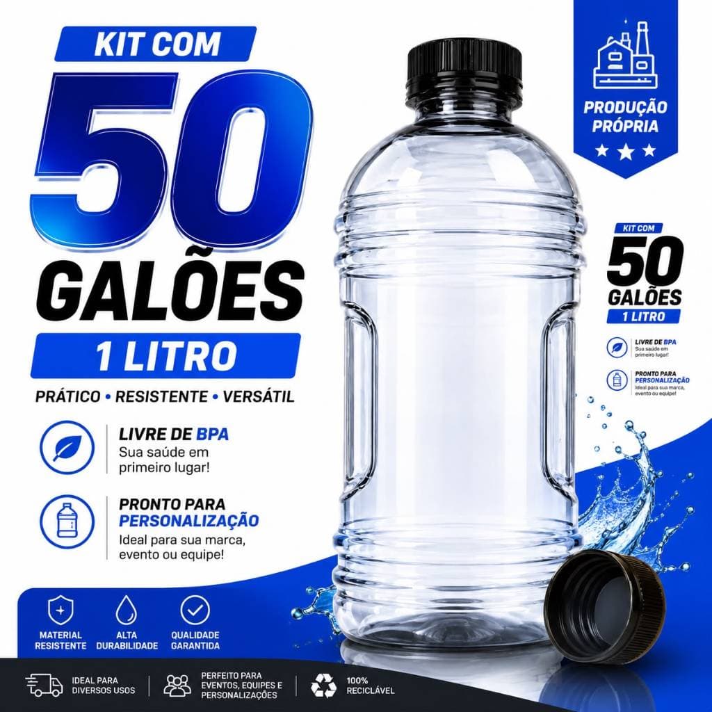 Kit 50 Galões Personalizados 1 Litro Cristal | Brindes para Empresas, Eventos, Academias e Igrejas