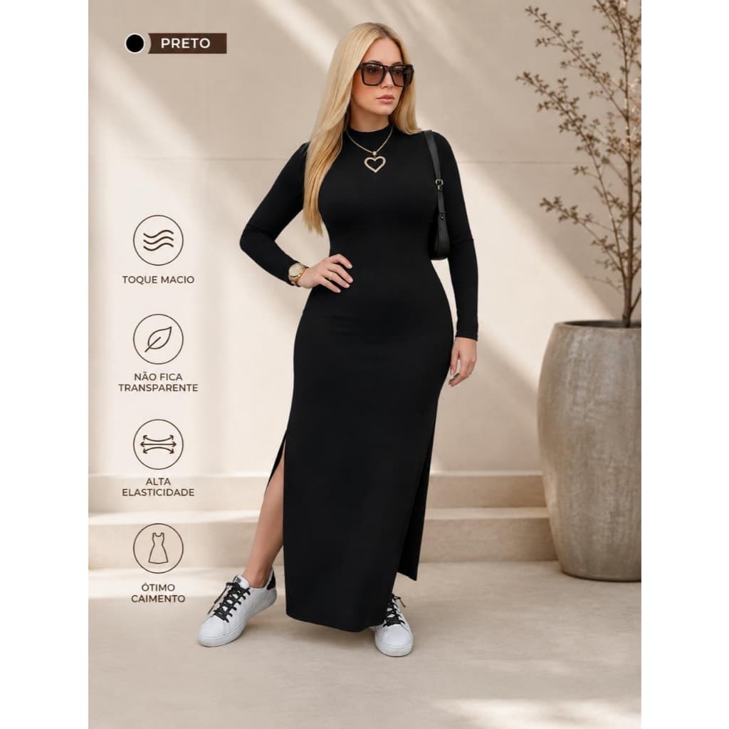 Vestido Cacharrel Longo Ajustado Manga Longa com Fenda para Looks Minimalistas e Sofisticados
