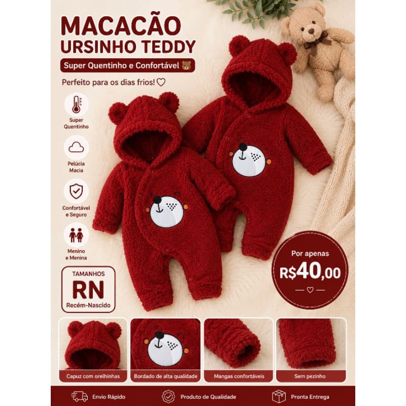 🐻 Macacão Ursinho Teddy em Pelúcia - Super Quentinho e Confortável RN