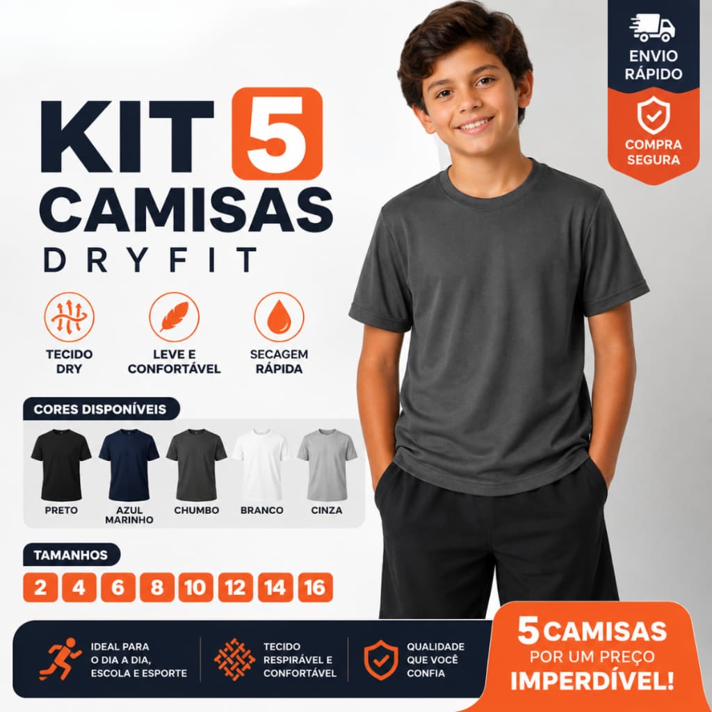 Kit com 5 Camiseta Dry Fit Infantil Lisa Básica Manga Curta Unissex