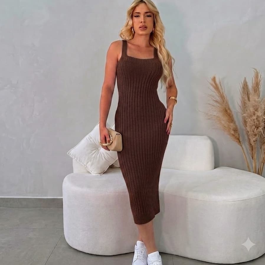 Vestido Midi Modal Alça Larga Tricô Modal/Alta Elasticidade e Conforto