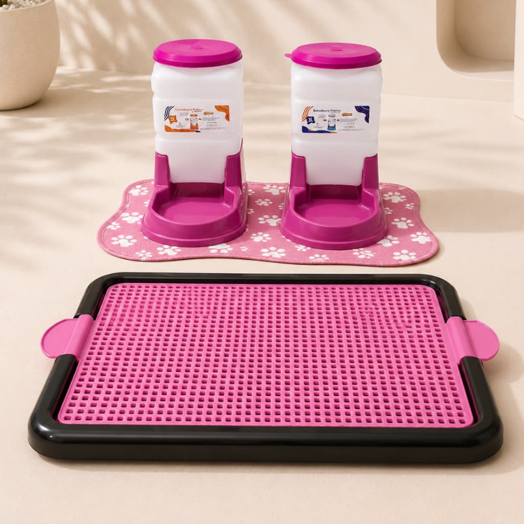 Kit Cachorro Tapete Americano + Tapete Higiênico + Comedouro Automático 3 Litros + Bebedouro Aut 3 Litros