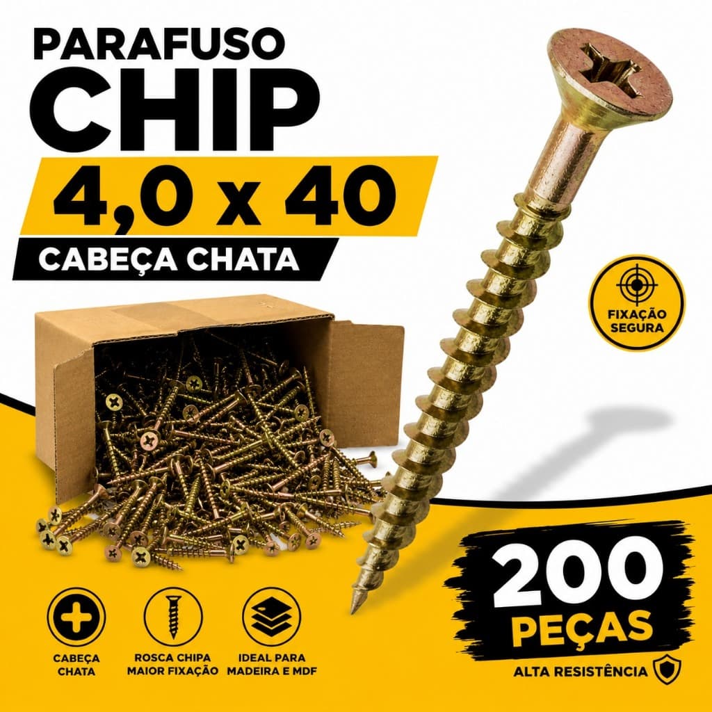 Parafuso Chipboard 4,0x40 para Madeira MDF Cabeça Chata Phillips Kit 200 Peças