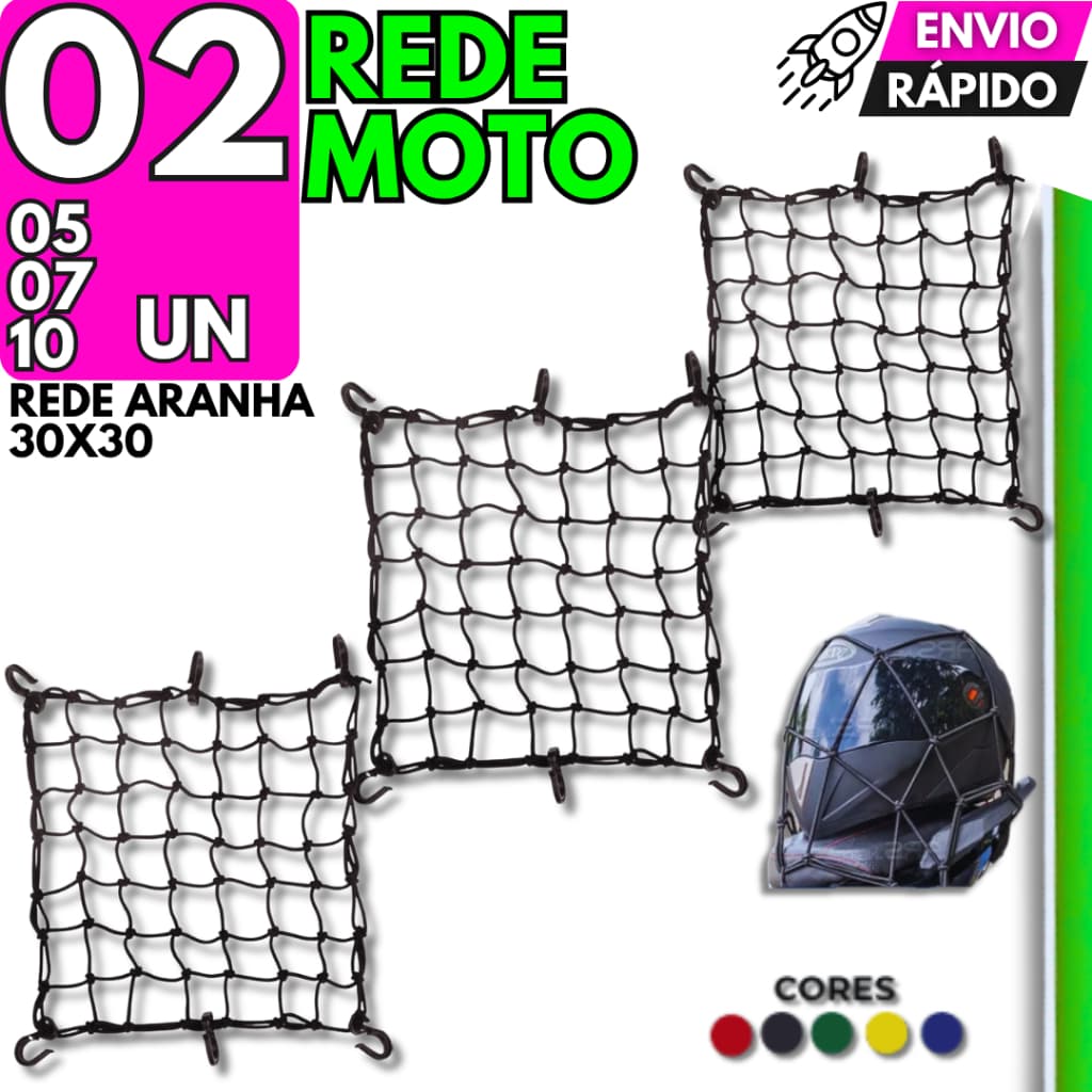 Rede Elástica Capacete Moto 30x30cm Reforçada 6 Ganchos Longas Rotas Delivery Segurança Máxima