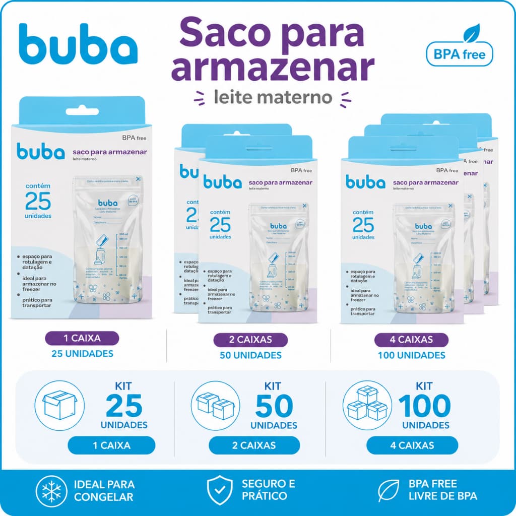 Saco de Armazenar Leite Materno Buba Opções com 25, 50 ou 100 Unidades