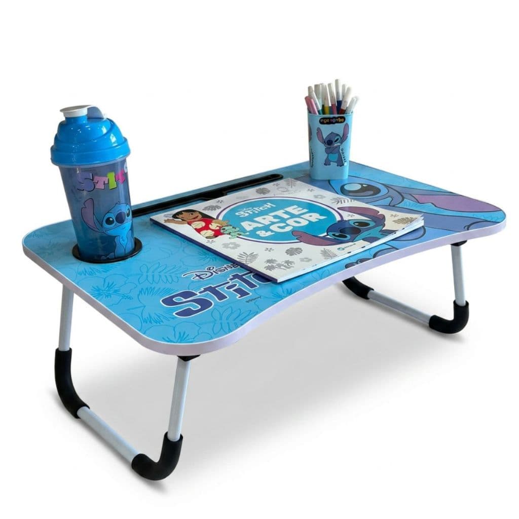 Kit 4 Itens Stitch Mesa Dobrável Copo 580ml Porta Caneta Livro Colorir