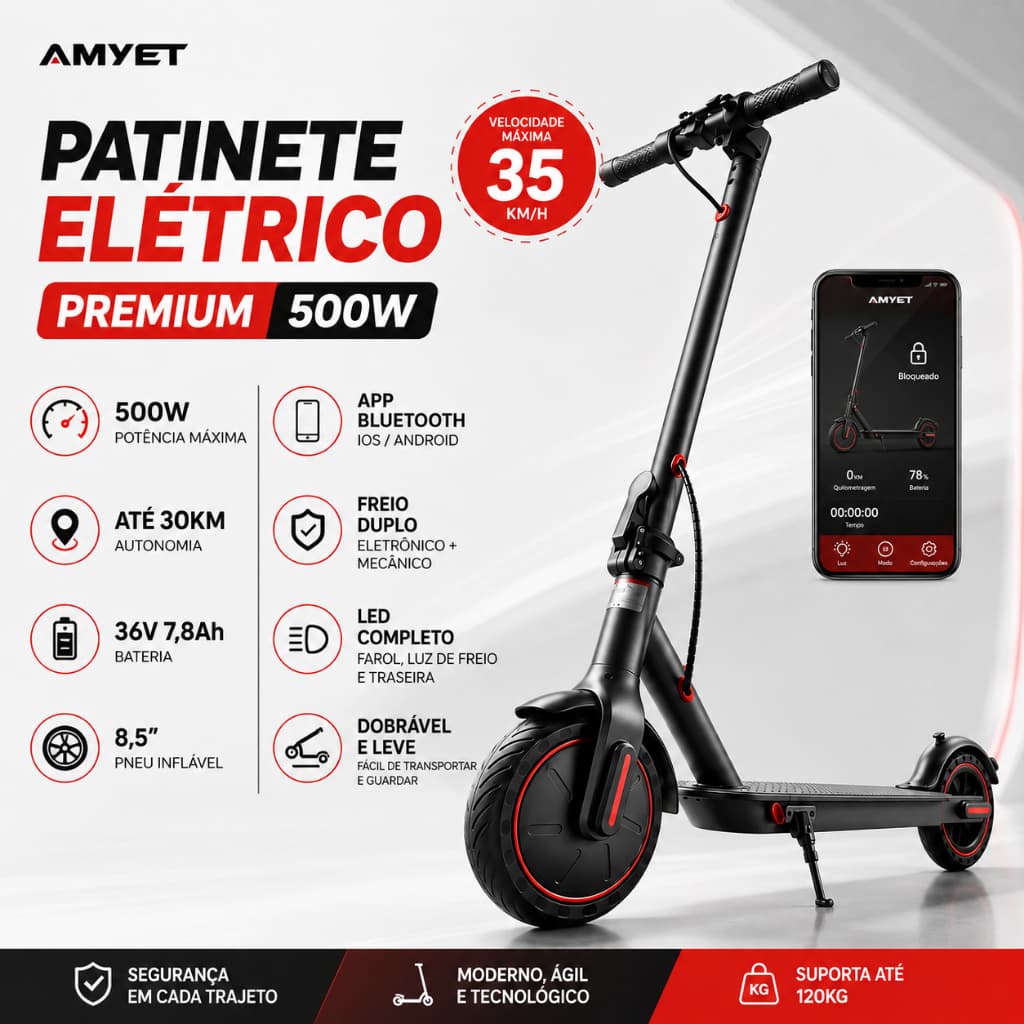 Patinete Elétrico Adulto AMYET F7 500W 8,5 Pol Dobrável com App e Até 30km de Autonomia
