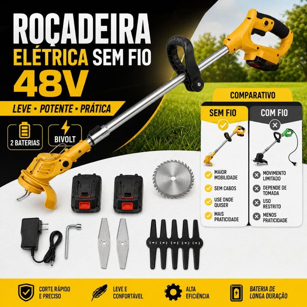 Cortador de Grama Elétrico Sem Fio 48V com 2 Baterias Leve Portátil para Jardim Quintal Gramado e Pequenos Matos em Casa