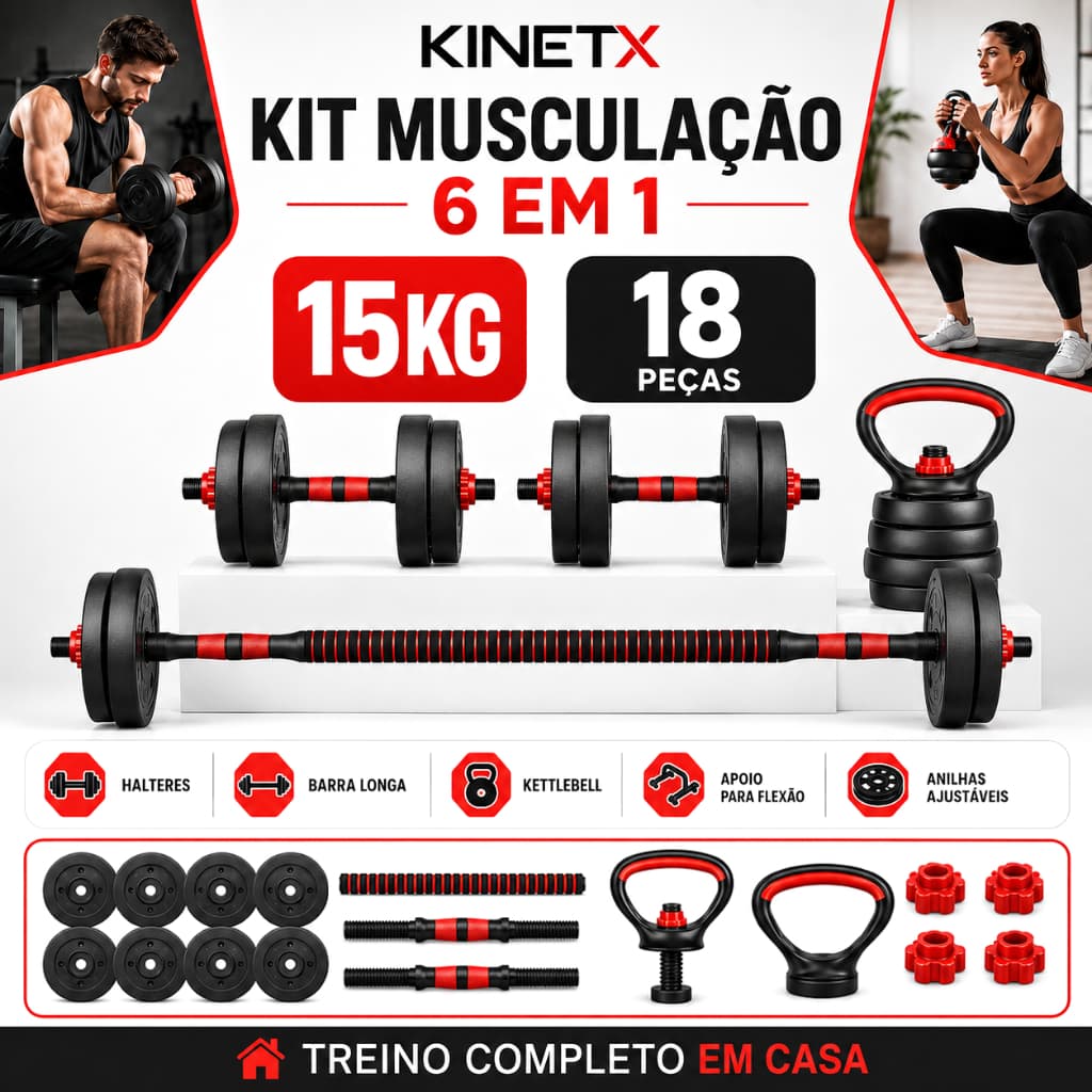 Kit Halteres 15kg 6 em 1 com Barra Longa Kettlebell Ajustáveis Anilhas para Musculação e Treino em Casa