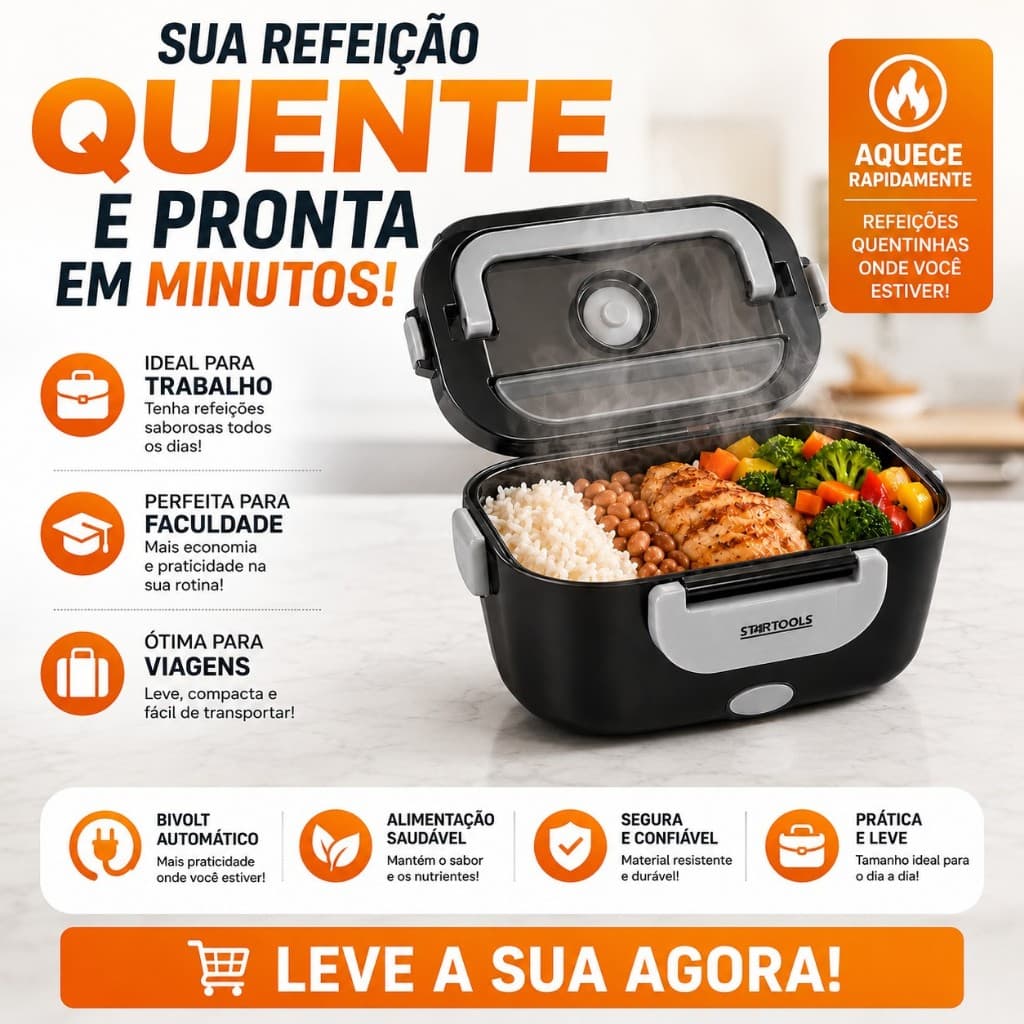 Marmiteira Elétrica Térmica Bivolt Automática Portátil Preta Esquenta Comida para o Trabalho Faculdade e Escritório