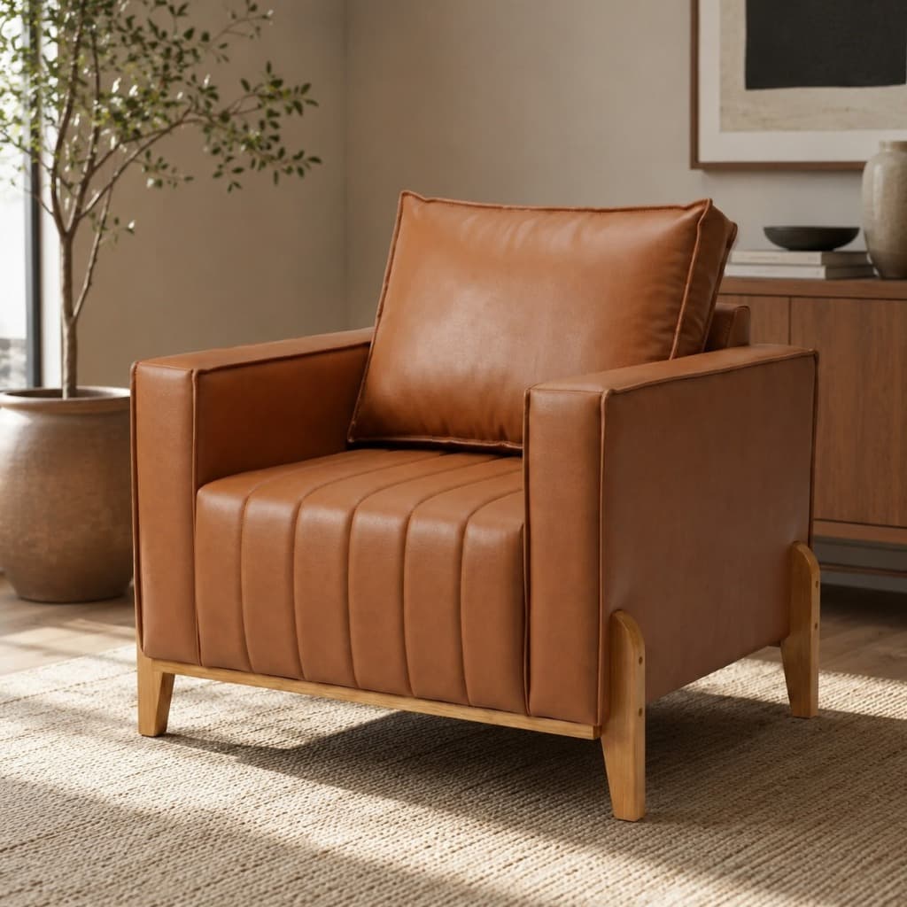 Poltrona Decorativa em Corino Caramelo com Designer Moderno para Sala de Recepção e Hall de Entrada