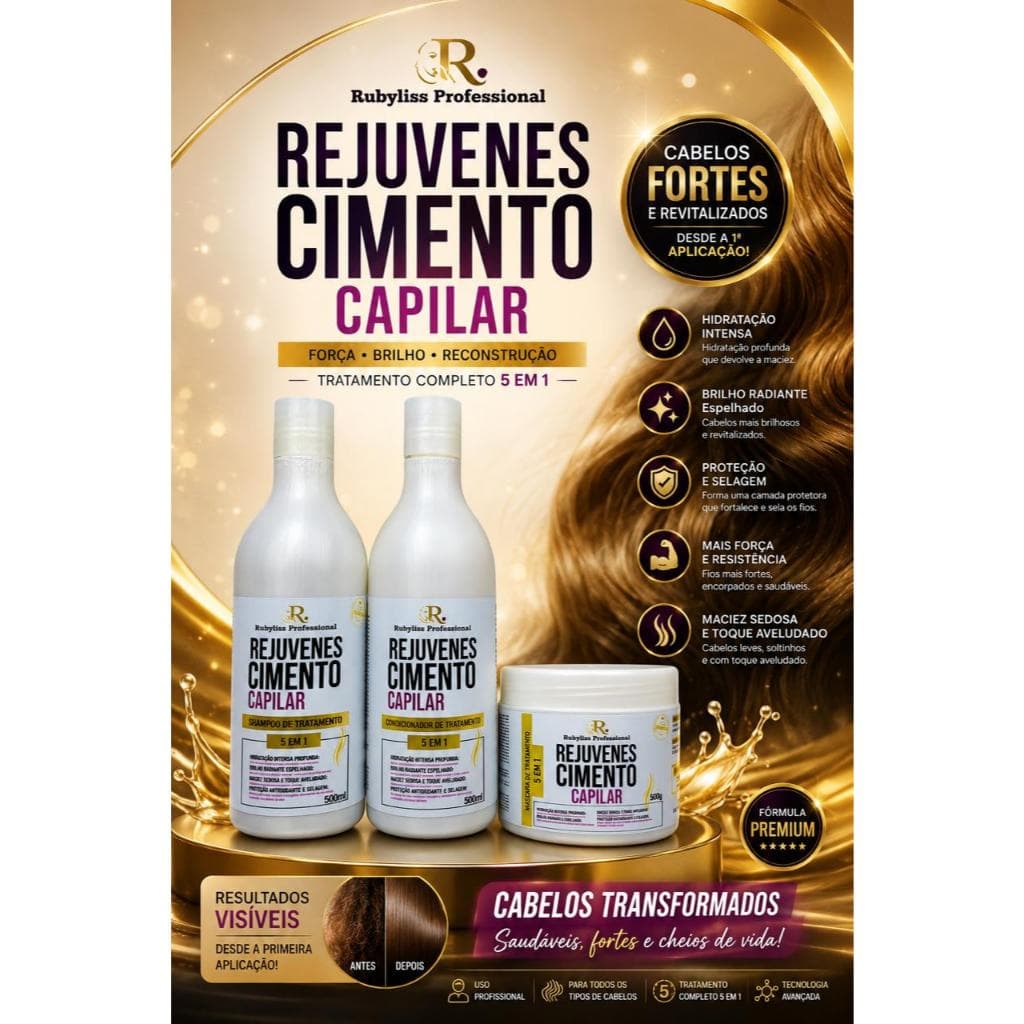Rejuvenescimento Capilar 5 em 1 Tratamento com 3 Passos Linha Premium Rubyliss Professional