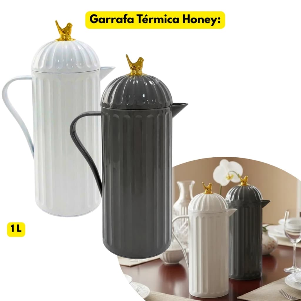 Garrafa Térmica Café Chá 1L Branca/Cinza Honey Servir Retro Pássaro Padaria Redonda Canelada