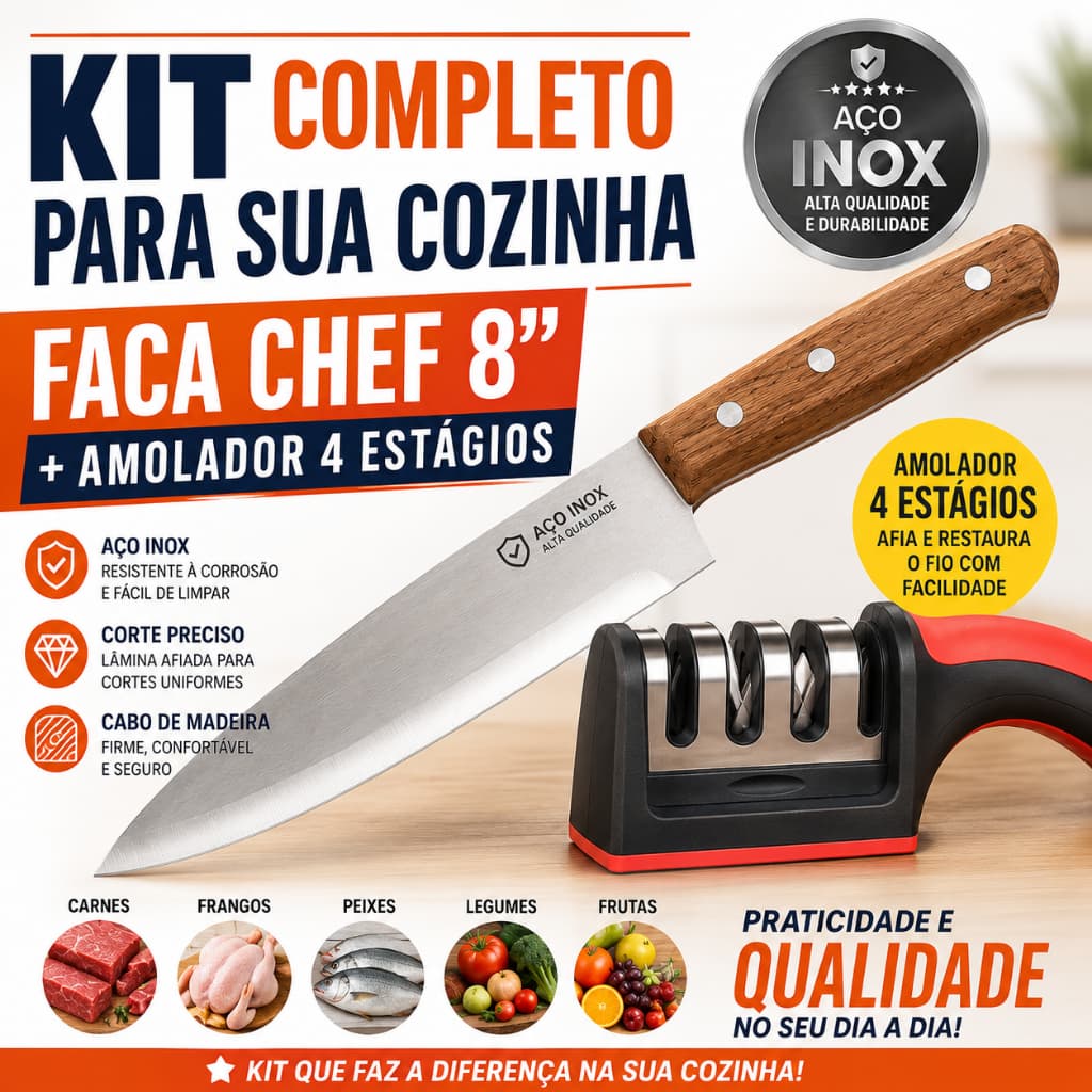 Kit Faca Chef 8" Aço Inox + Amolador 4 Estágios | Cabo Madeira Profissional