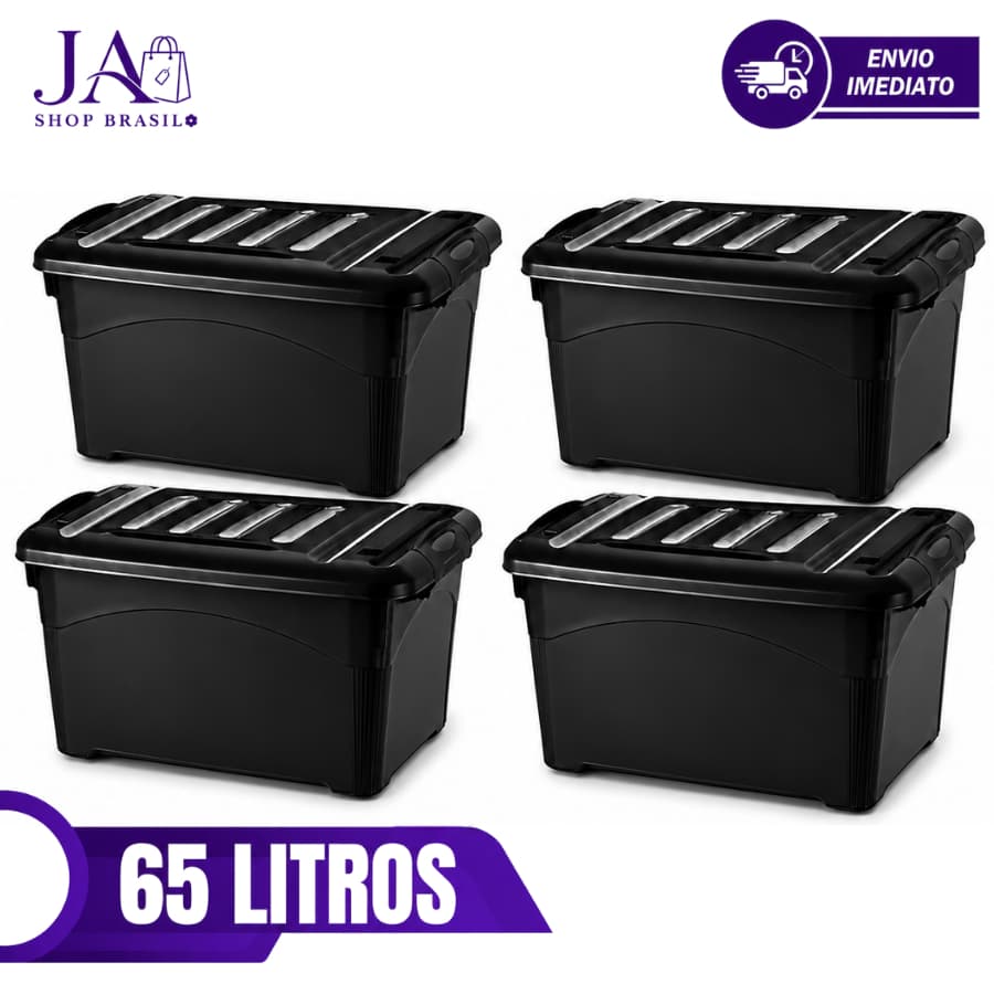 Kit 04 Caixas organizadoras 65 Litros De Plástico Preta Com Travas e Rodinhas Para Transporte
