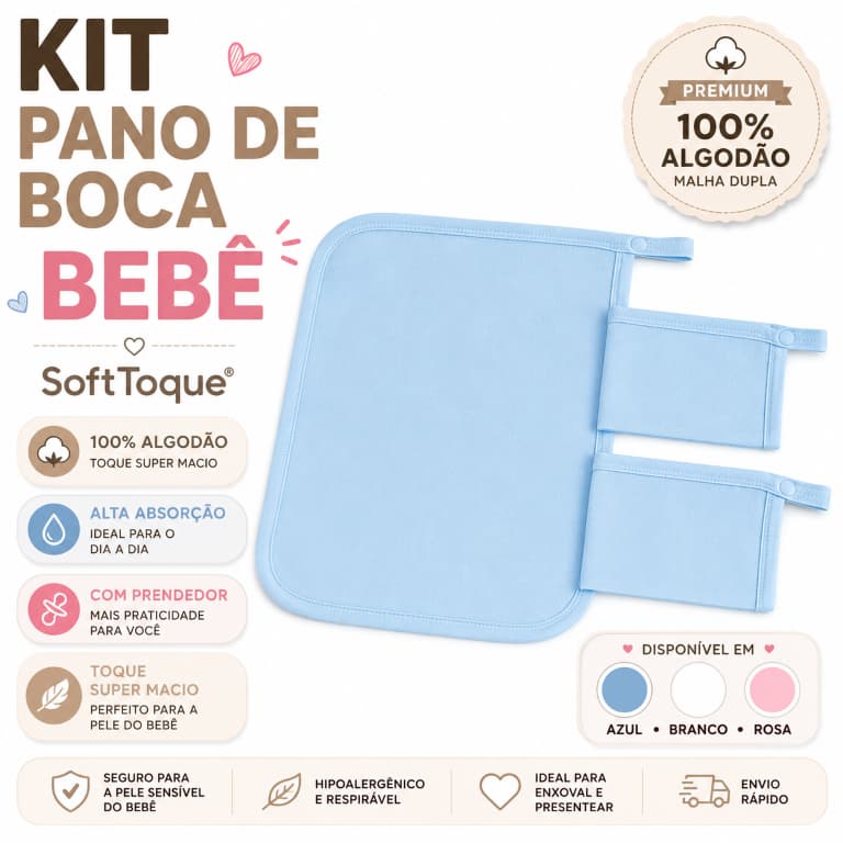 Kit Pano de Boca Bebê 100% Algodão Babete com Prendedor de Chupeta | Paninho de Boca Macio Enxoval