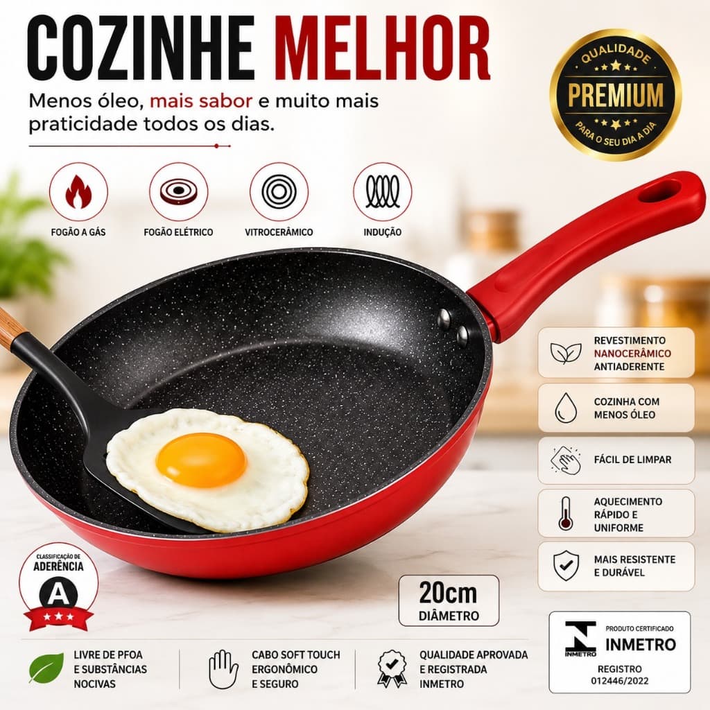 Frigideira Nanoceramica 20cm Vermelha Antiaderente Facil Limpeza Duravel Cozinha