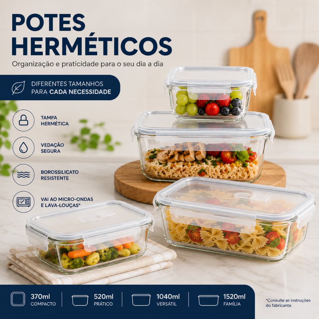 Kit Potes Herméticos de Vidro com Tampa | Micro-ondas e Lava-Louças