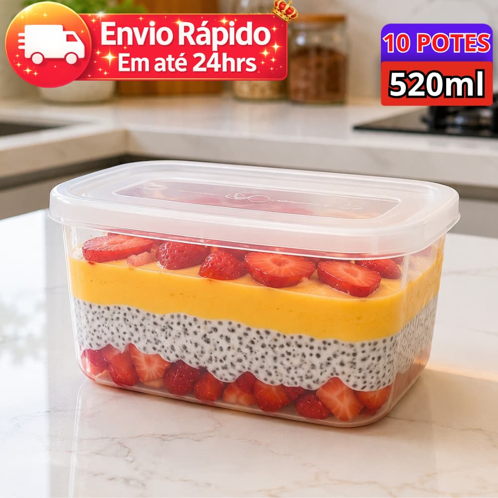 Kit 10 Potes 520ml Transparentes REFORÇADA Reutilizável Freezer e Microondas BPA Free Organizador de Alimento