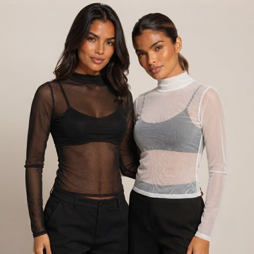 Kit 2 Blusa Feminina De Tule Manga Longa Elegante Transparente Segunda Pele Confortável Balada Lisa