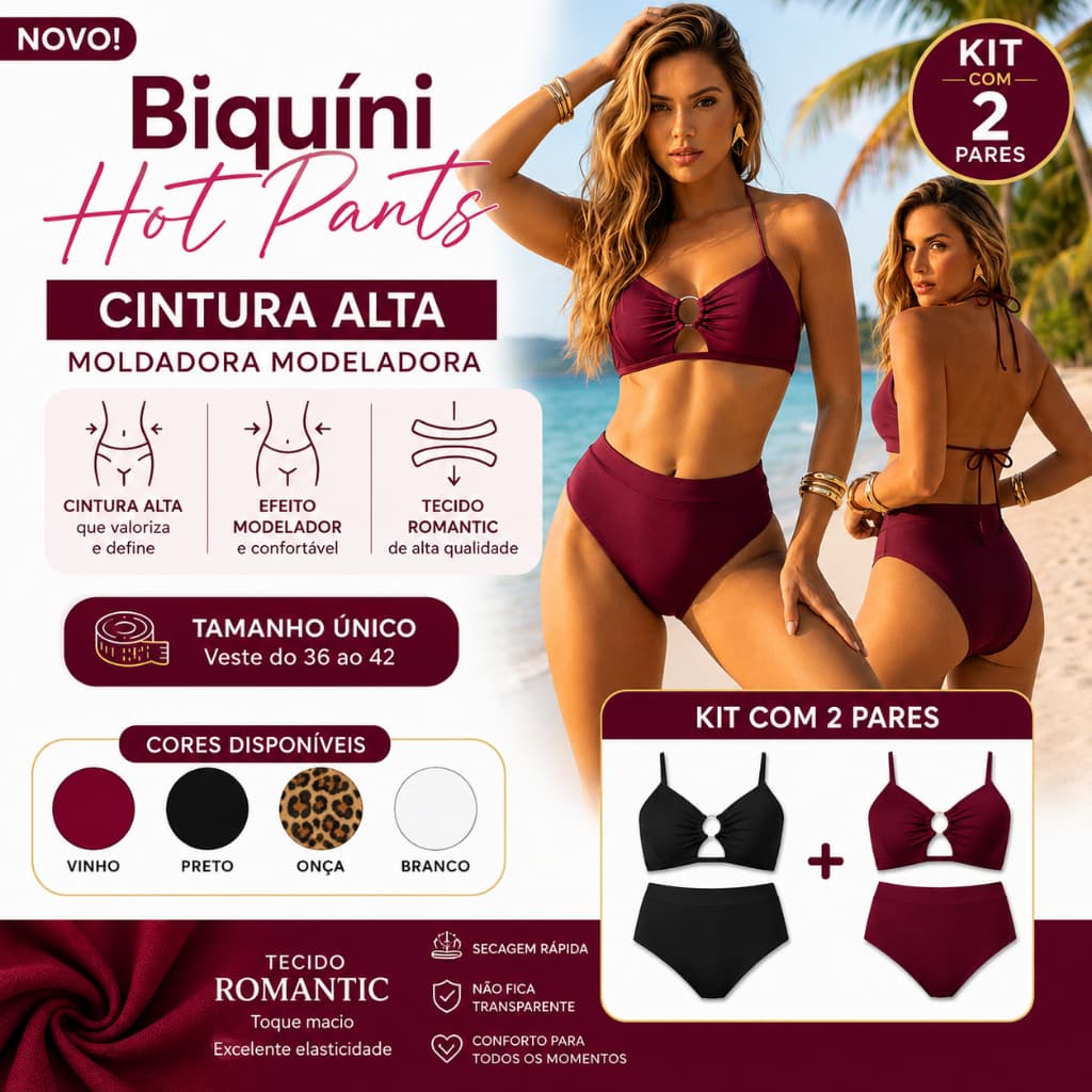 Biquíni Hot Pants Cintura Alta Moldadora Modeladora - Realce suas Curvas