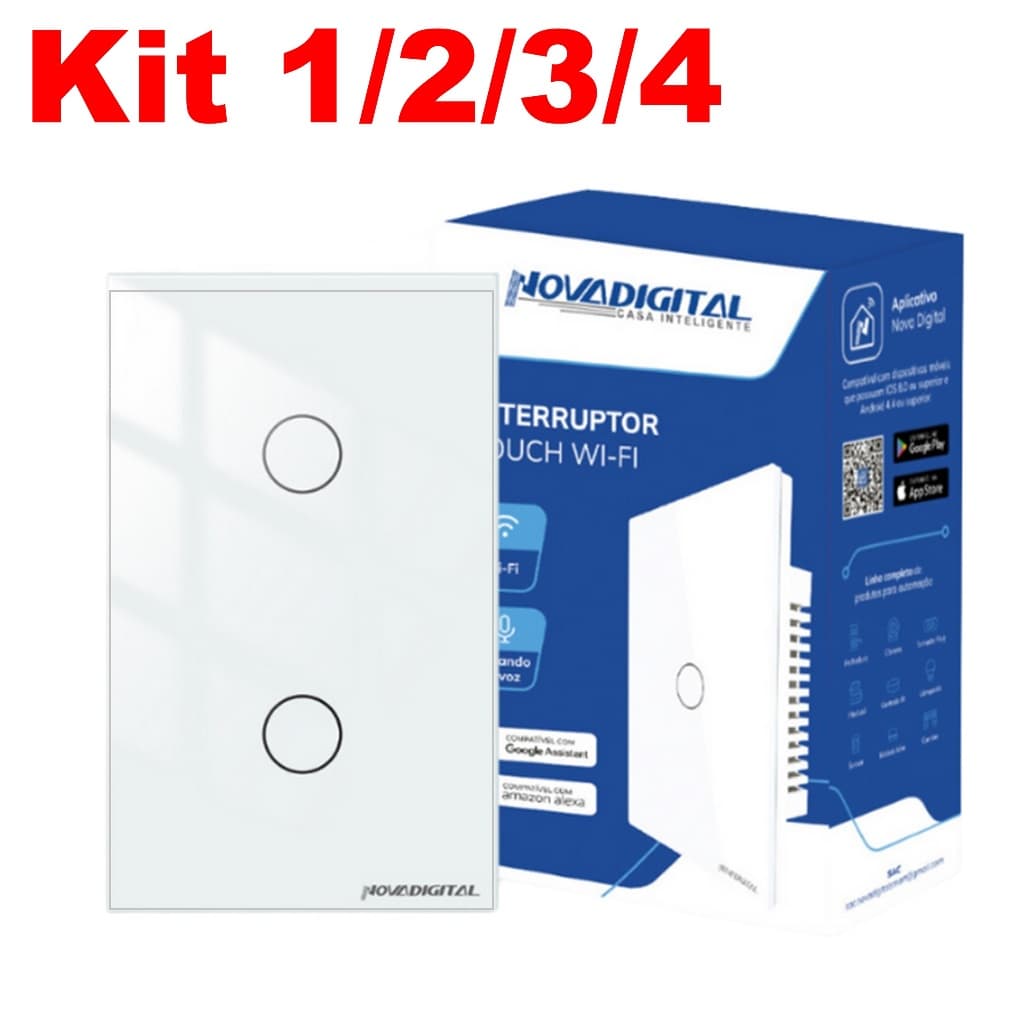Kit 1/2/3/4 Interruptores Inteligente Smart Wifi Touch 2 Botões Alexa Google Tuya 4x2 - Branco