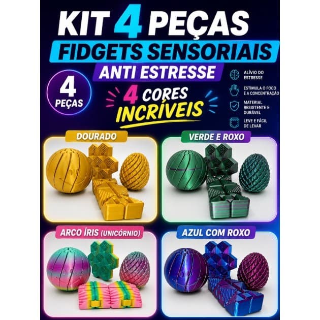Kit Sensorial Antiestresse – 4 Peças Táteis para Relaxamento e Foco