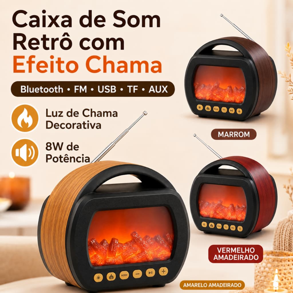 Caixa de Som Bluetooth Retrô 8W com Efeito Chama, Rádio FM, USB, TF, AUX, Type-C e Bateria Recarregável