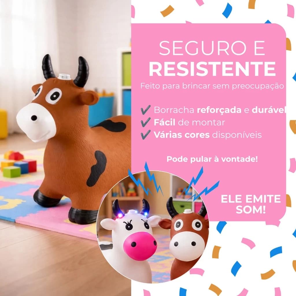 Vaquinha Upa Upa Infantil Pocotó Som e Luz Pula Pula Inflável Emborrachado Vaquinha Marrom e Branca