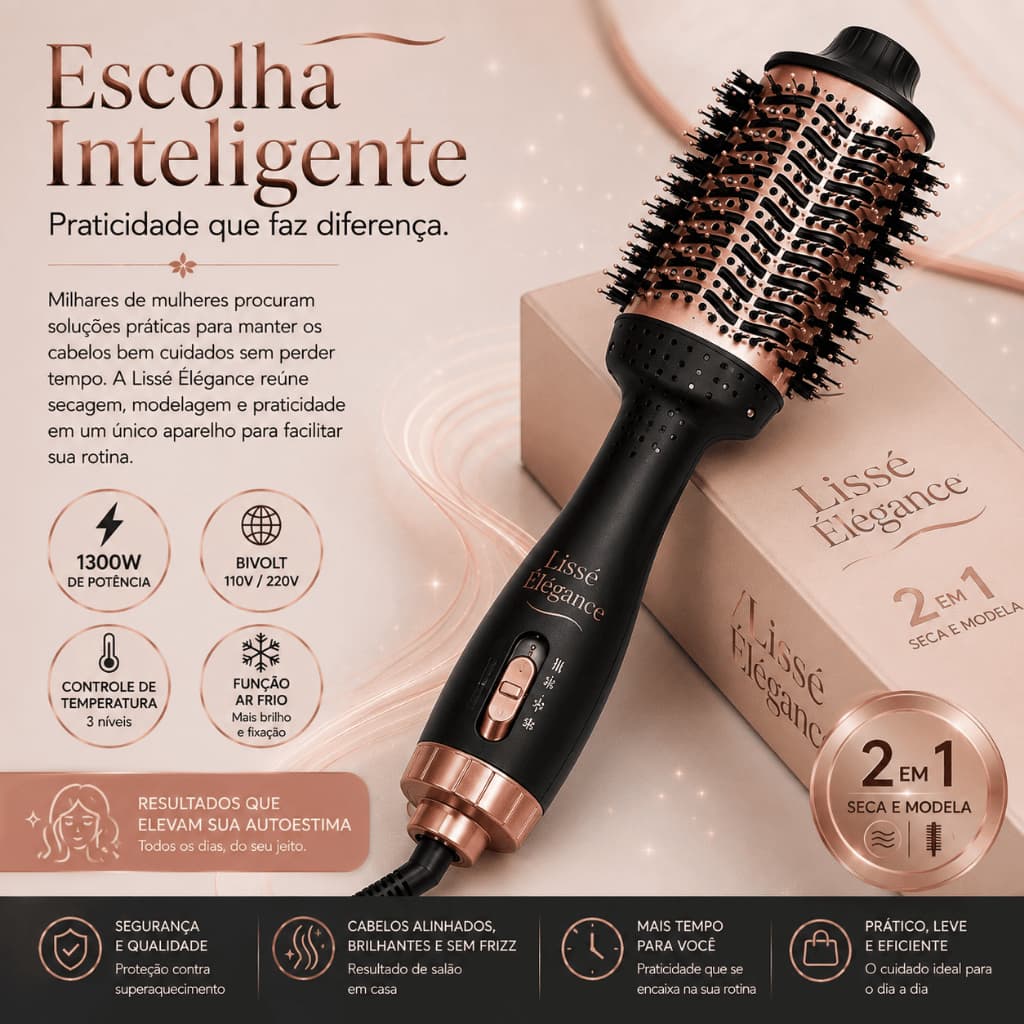 Escova Secadora 4 em 1 Profissional 1300W Bivolt Alisadora Modeladora com Ar Frio Lissé Élégance