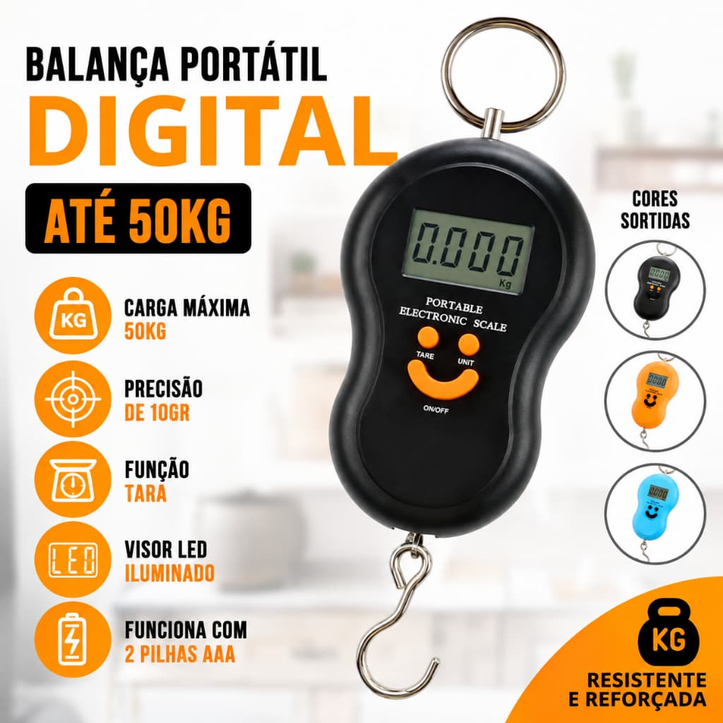 Balança Digital Portátil 50Kg Reforçada Gancho Alta Precisão Mala Pesca Bagagem