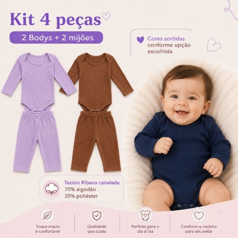 Kit 4 peças body manga longa + mijão menina e menino para bebê infantil