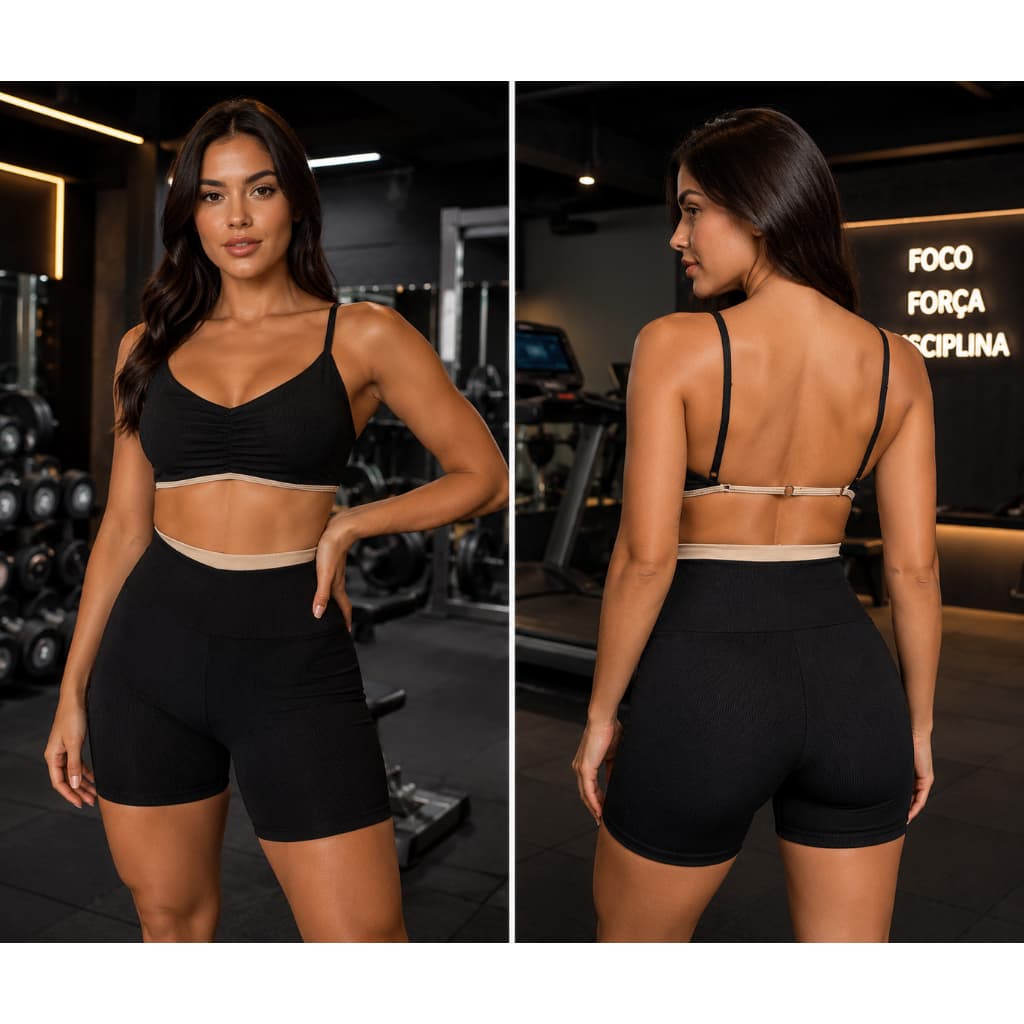 Conjunto Academia Feminino Microcanelado Premium Top Franzido Short Cintura Alta UV50+