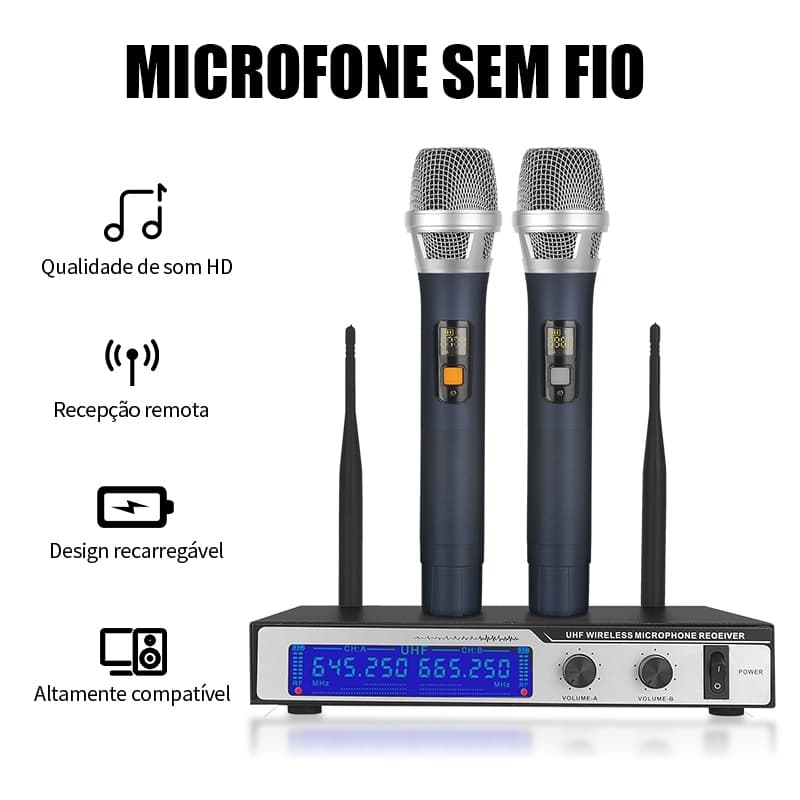 Microfones Sem Fio Redução de Ruído, Bateria Recarregável, Alcance 100m, Plug and Play para Karaokê, Palestras e Shows