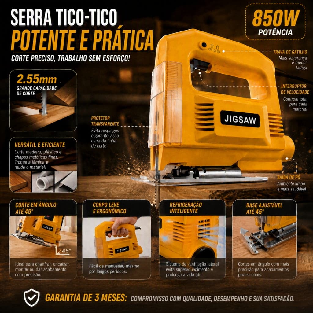 Serra Tico Tico Profissional 850W Elétrica Bivolt Corte Ajustável Madeira Metal Plástico Jigsaw